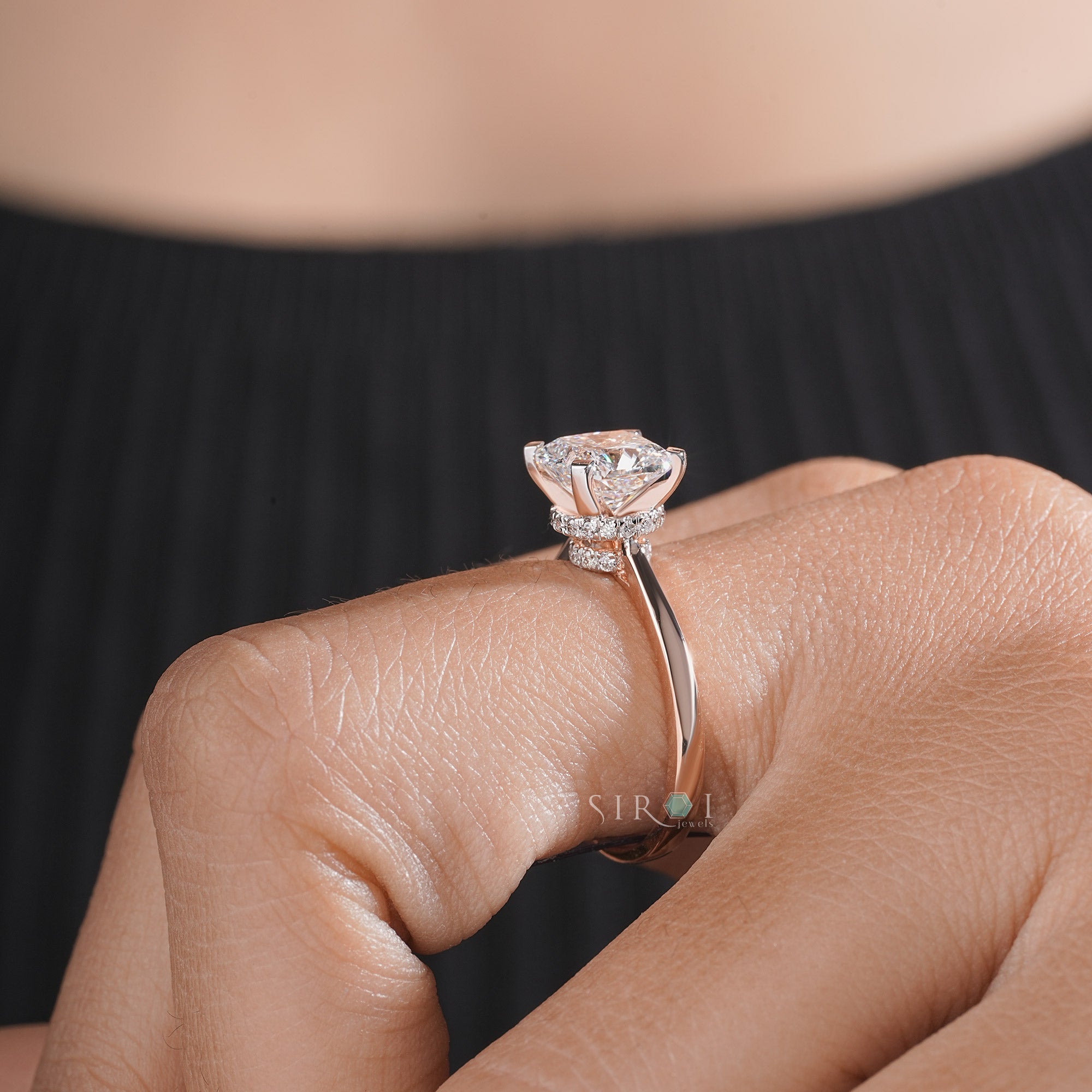 Cushion Cut Diamond Engagement Ring in Rose Gold with Hidden Halo