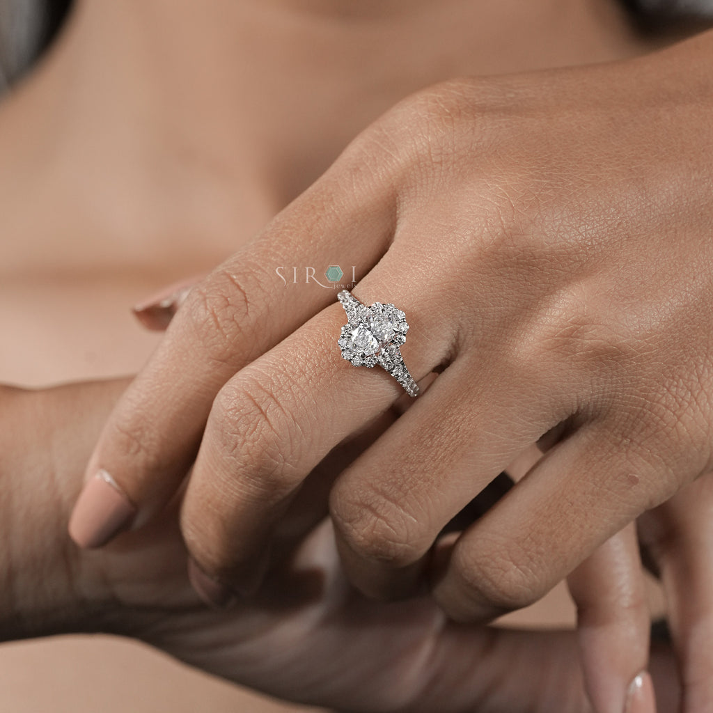 Oval Diamond Halo and Two-Stone Engagement Ring in Rose Gold