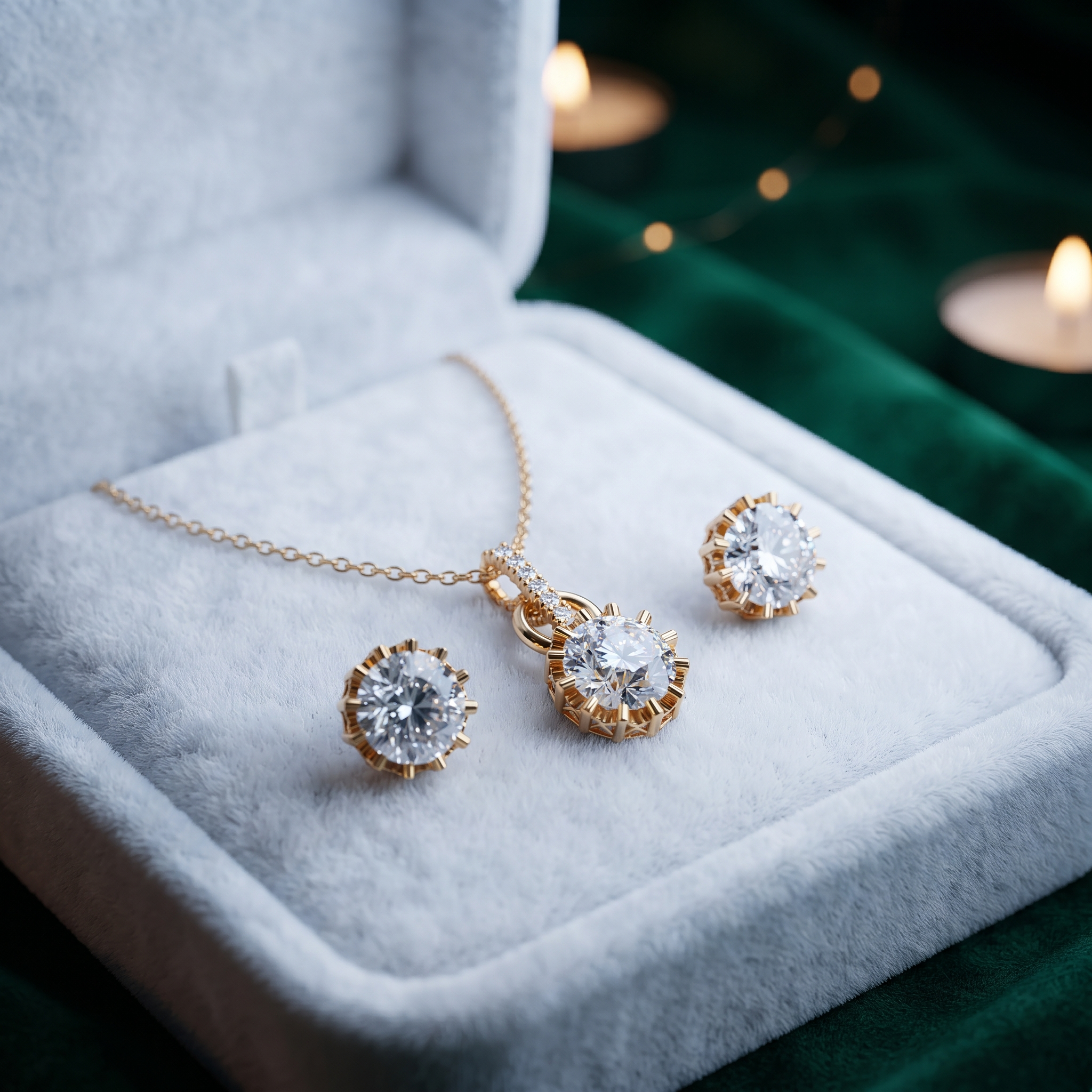 Round Cut Lab Grown Diamond Necklace Earring Set, Crown Pendant, Minimalist Bridal Jewelry