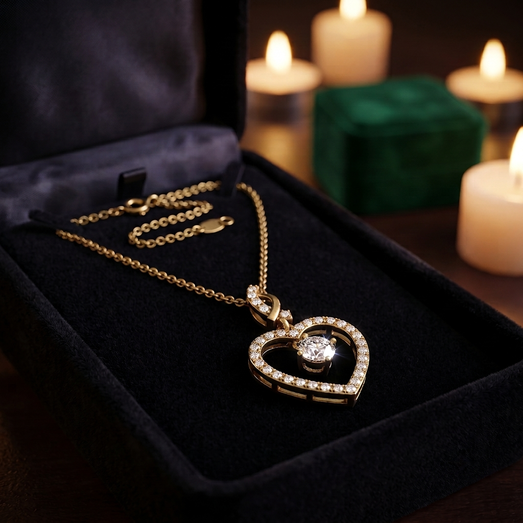 Dancing Diamond Heart Pendant Necklace, Rotating Solitaire, Twist Bail, Gold Jewelry