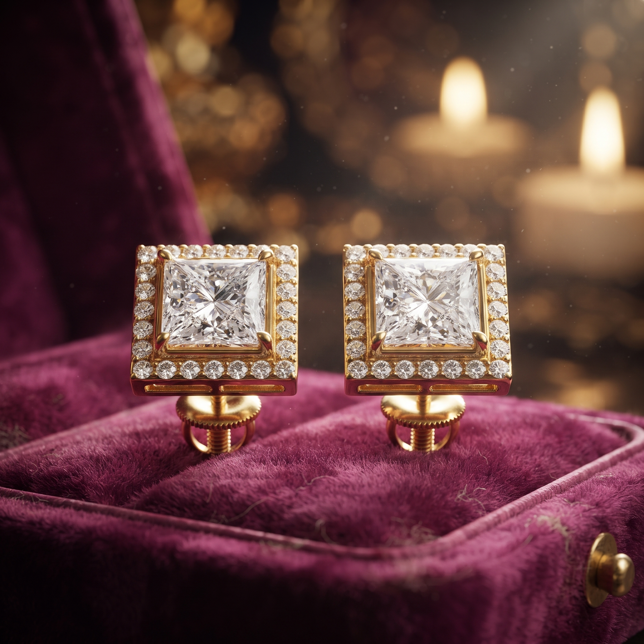 1.00 CT Princess Cut Diamond Halo Stud Earrings