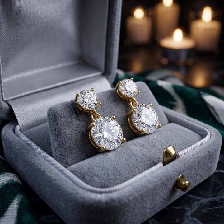 Two Stone Diamond Drop Earrings in 9K To 18K Rose Gold, Gift for Her