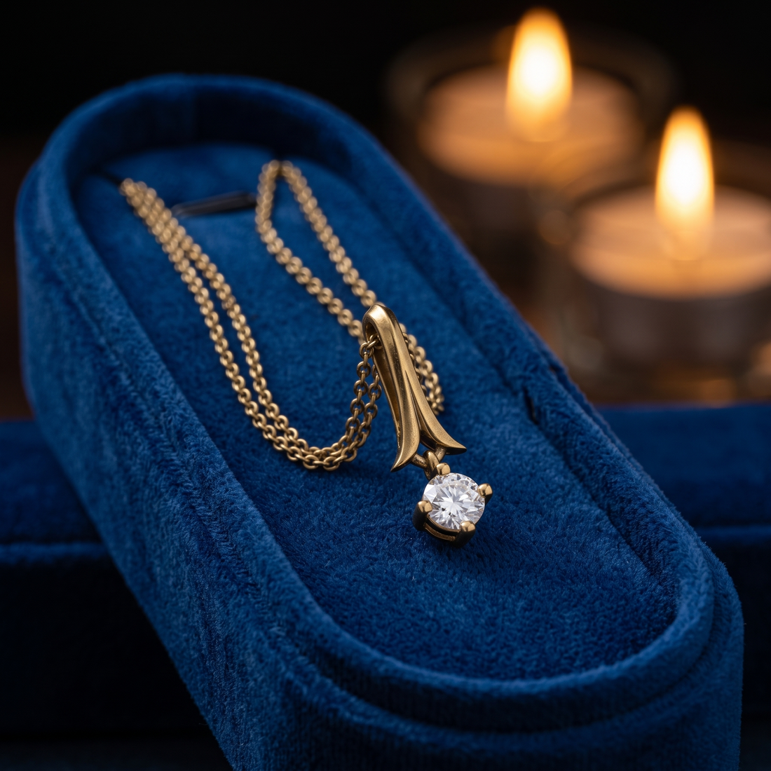14K Solid Gold Round Diamond Drop Pendant, Minimalist Ribbon Bail Necklace