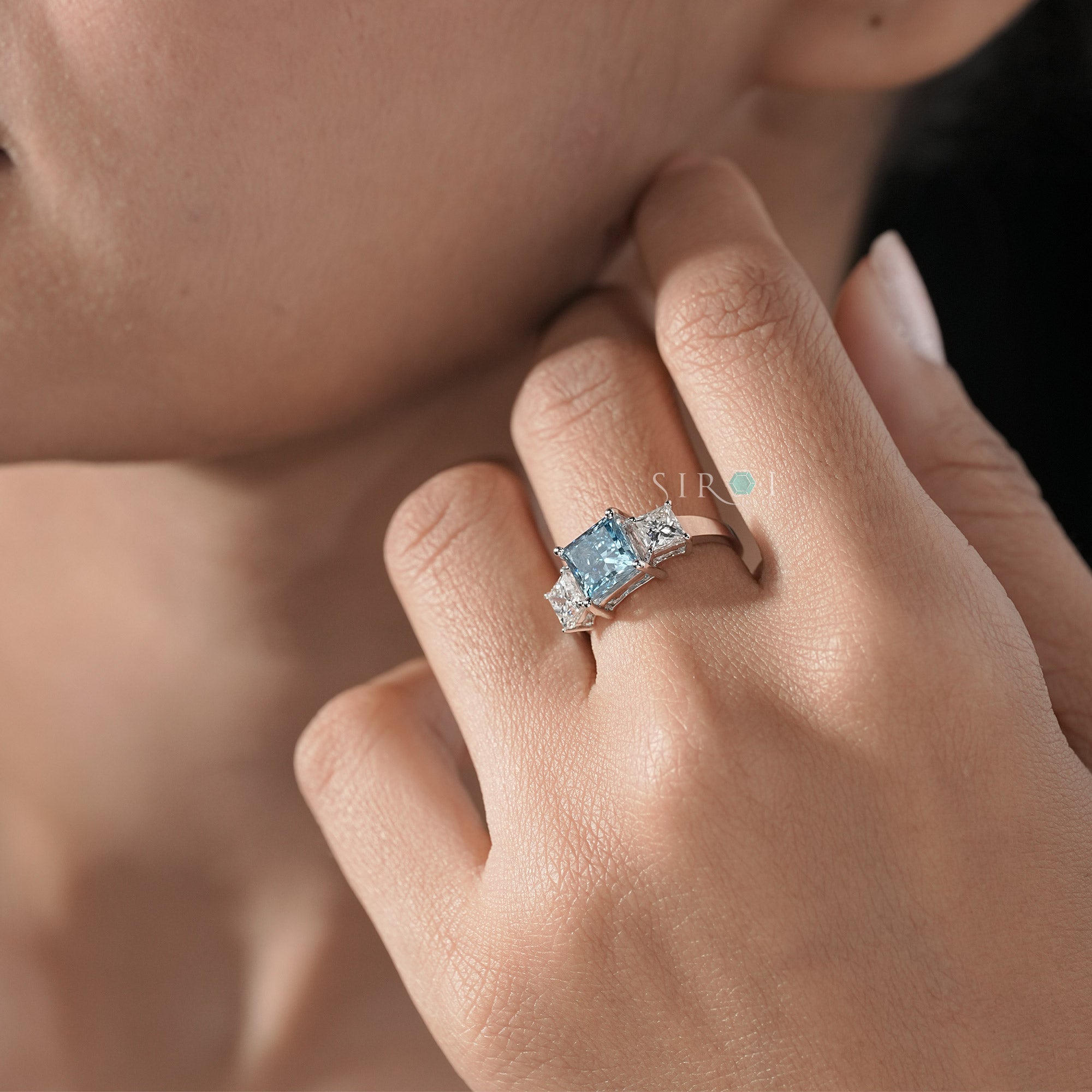 Princess Cut Blue Topaz and Diamond Three-Stone Engagement Ring in White Gold