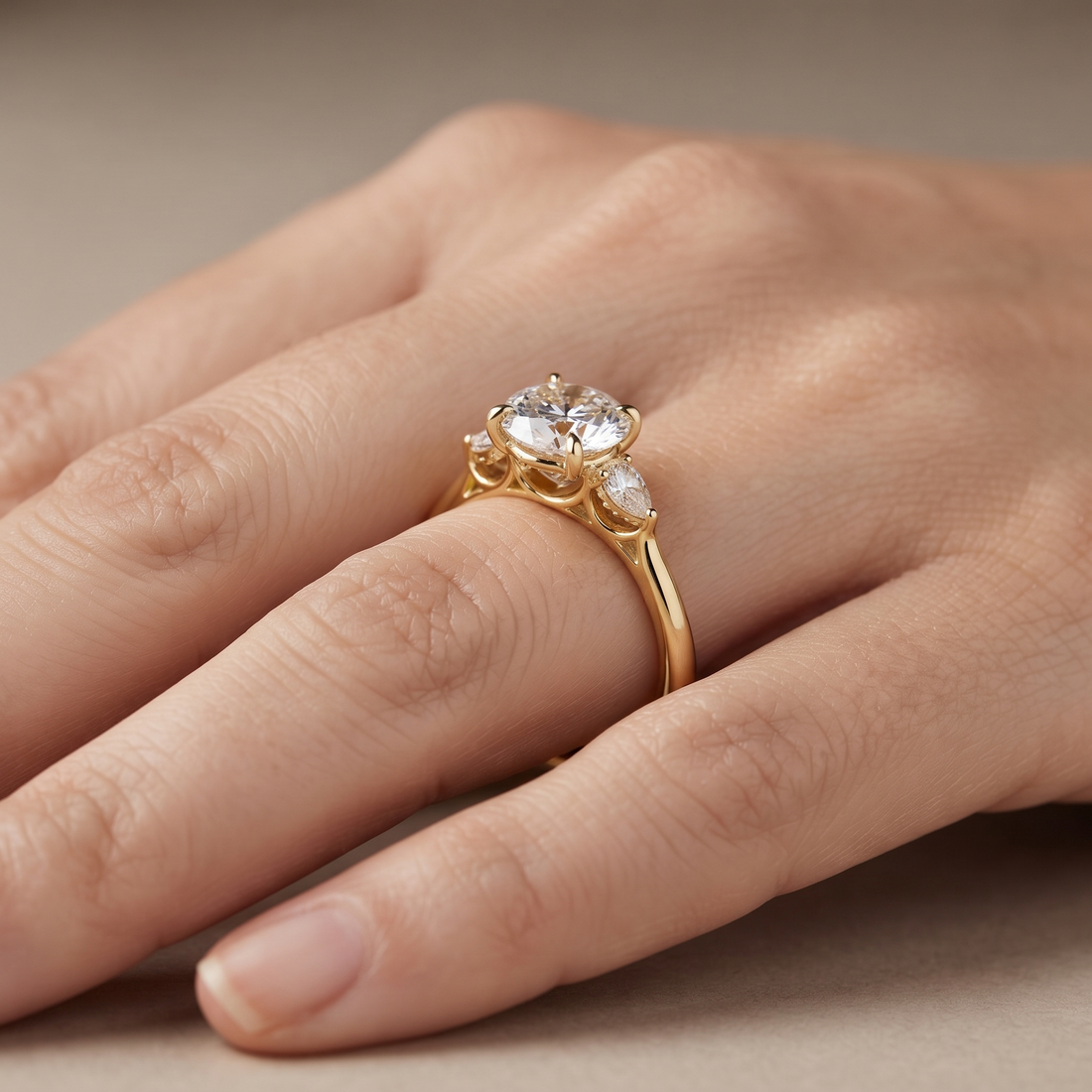 Round Cut Solitaire Engagement Ring & Matching Band Set, Yellow Gold, Milgrain Accents
