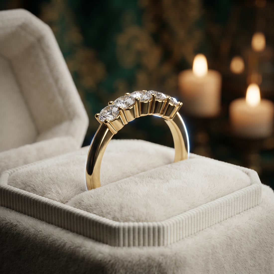 5-Stone Round Cut Diamond Ring, Shared Prong Stackable Band, Solid Gold Wedding Promise Ring