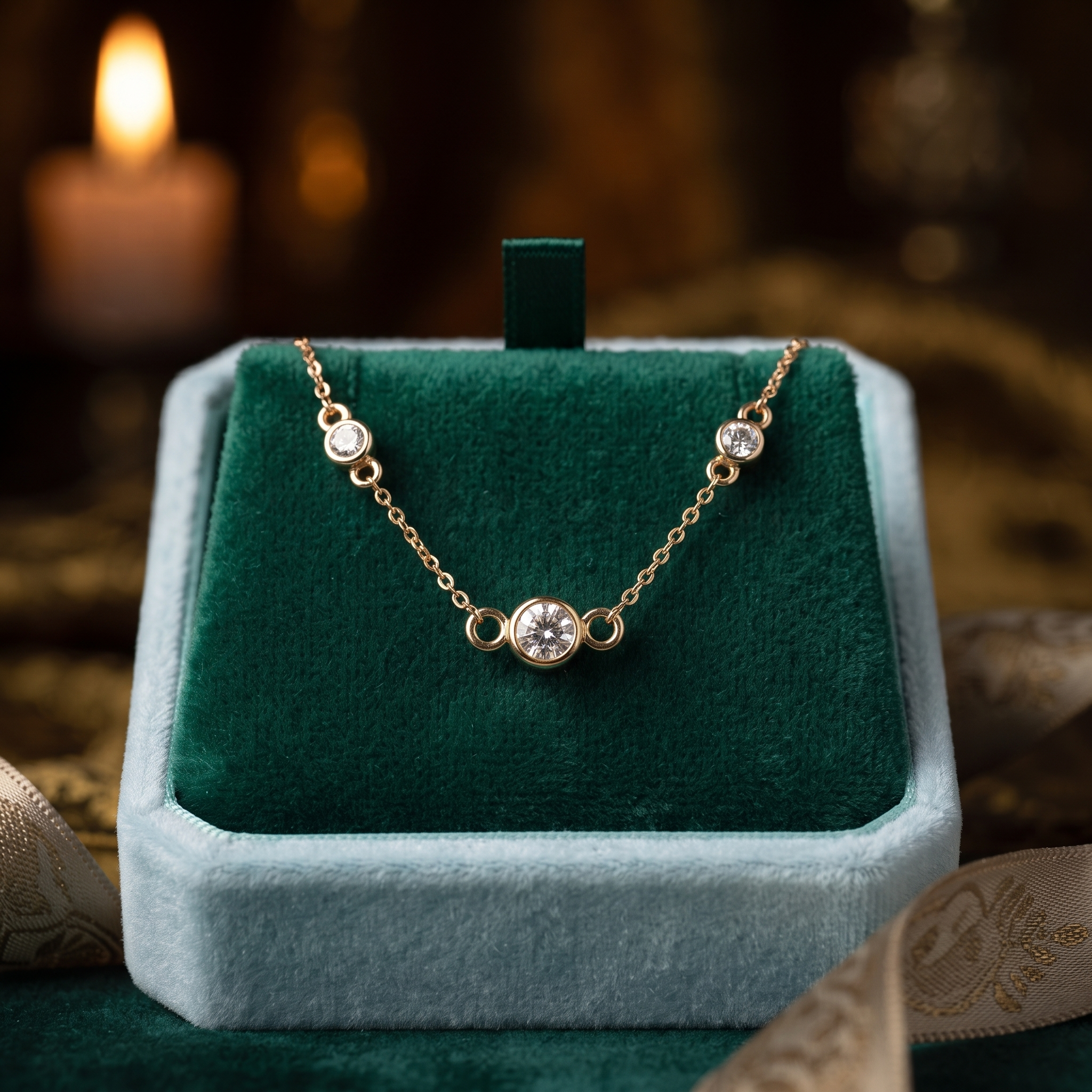 14K Gold Bezel Diamond Station Necklace, Minimalist Layering Pendant