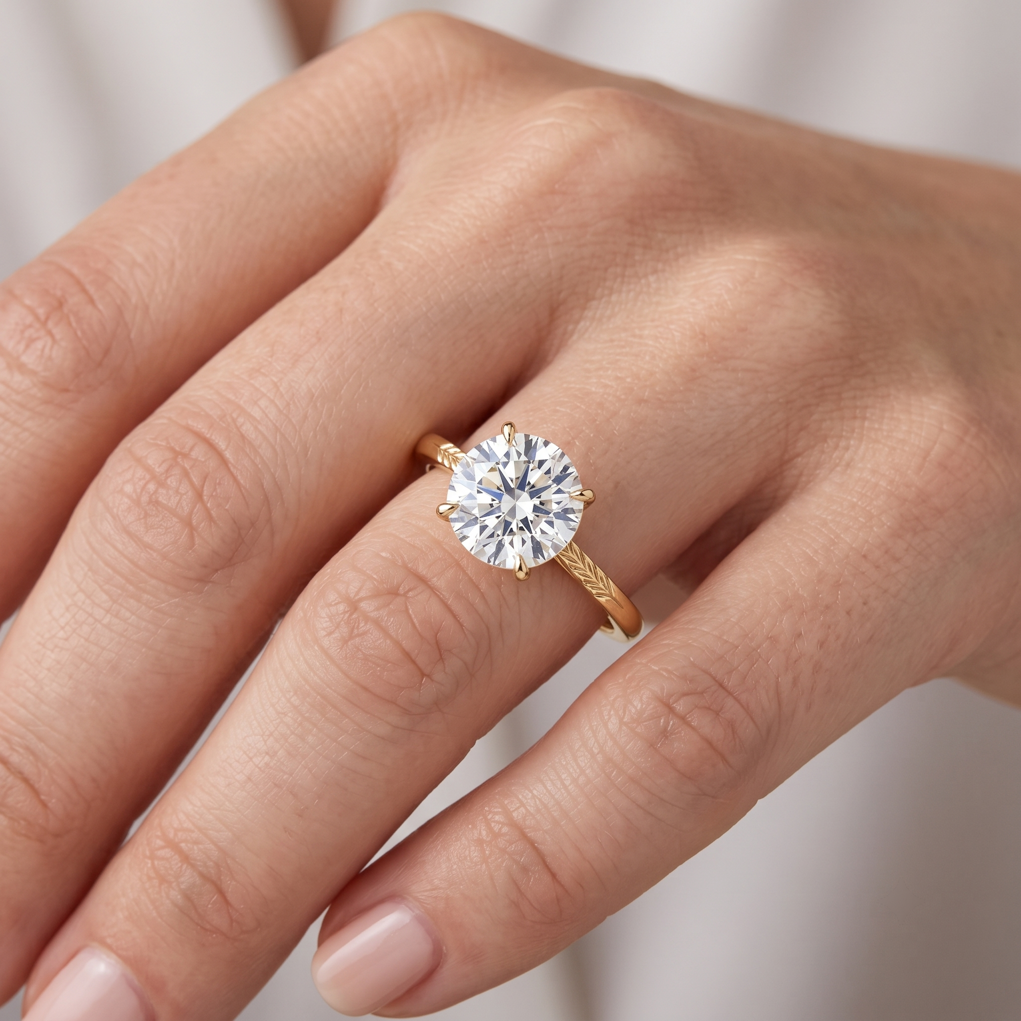Hand Engraved Wheat Solitaire Engagement Ring, Round Cut Diamond, Nature Inspired Band