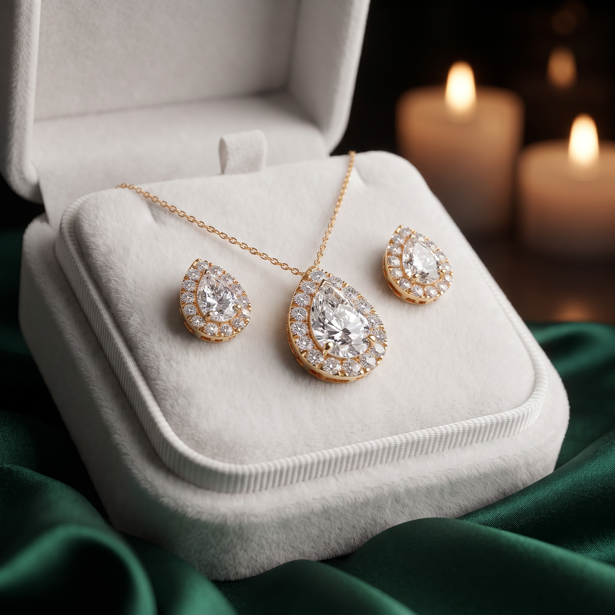 Pear Halo Diamond Necklace Earrings Set, Teardrop Pendant Jewelry, Bridal Gift