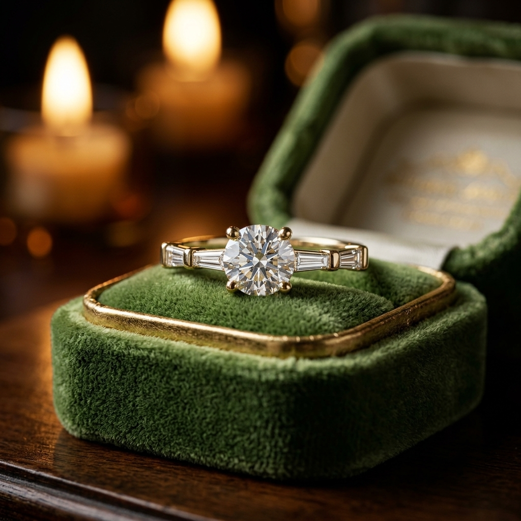 1.00 Carat Round Lab Grown Diamond Engagement Ring, Baguette Accents, Yellow Gold (Customizable)