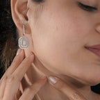 Elegant Double Halo Emerald Cut Diamond Drop Earrings in Rose Gold