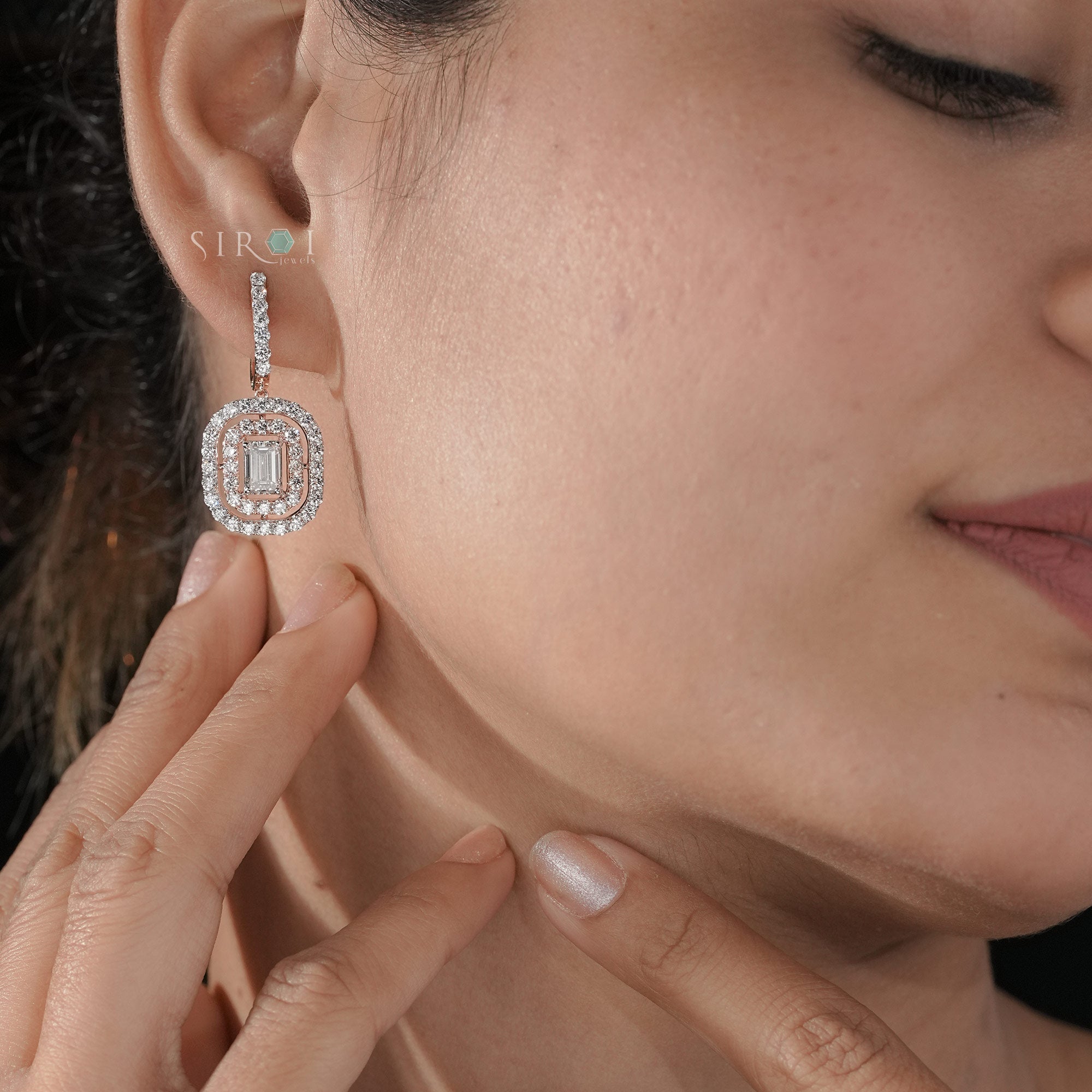 Elegant Double Halo Emerald Cut Diamond Drop Earrings in Rose Gold