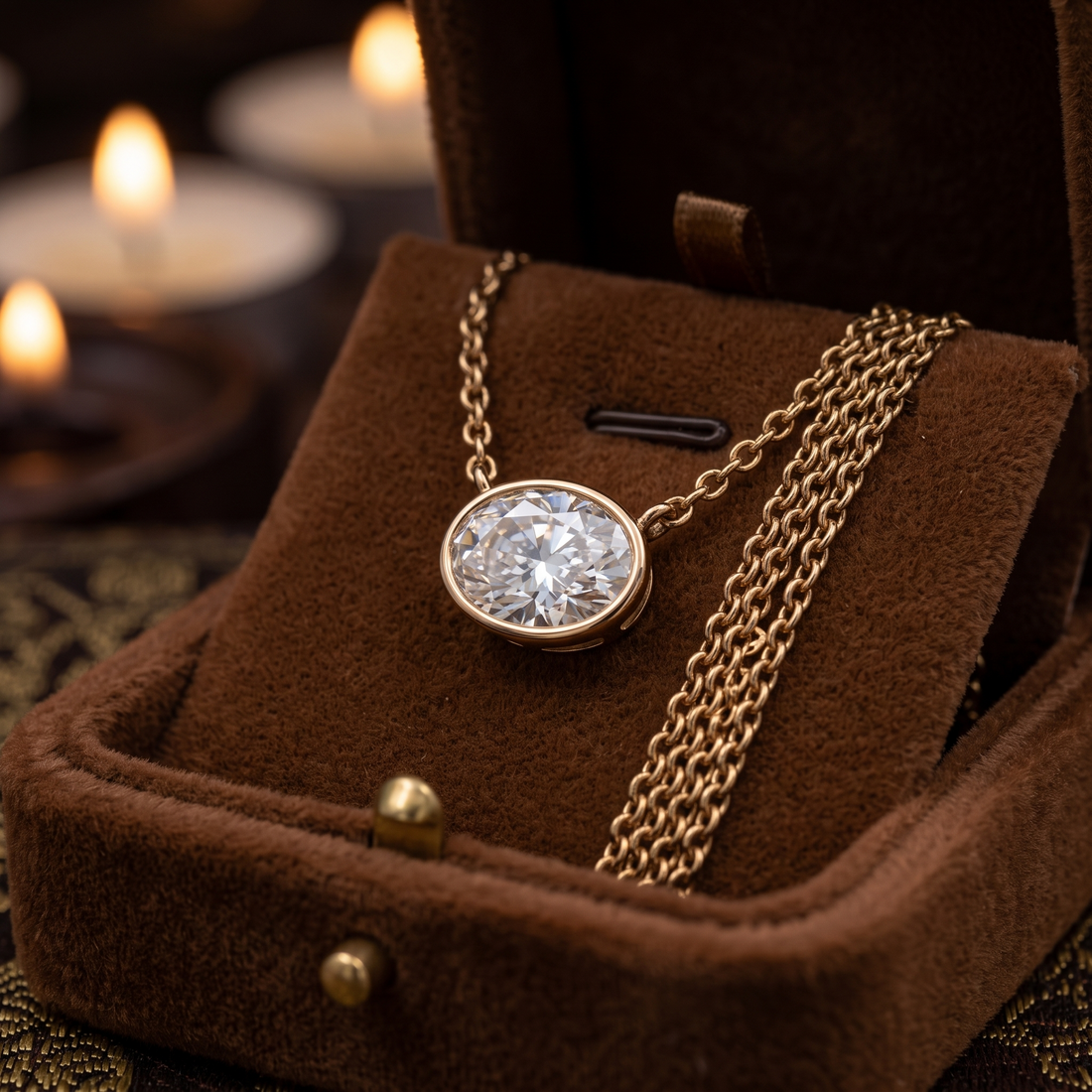 Oval Bezel Diamond Pendant Necklace, 14K Gold Chain, Minimalist Bridal Jewelry
