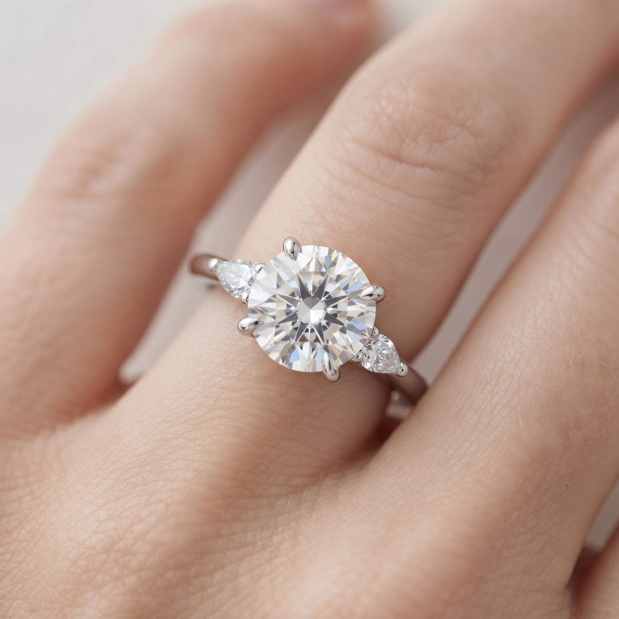 Round Engagement Ring Set, Pear Side Stones, Yellow Gold Curved Wedding Band