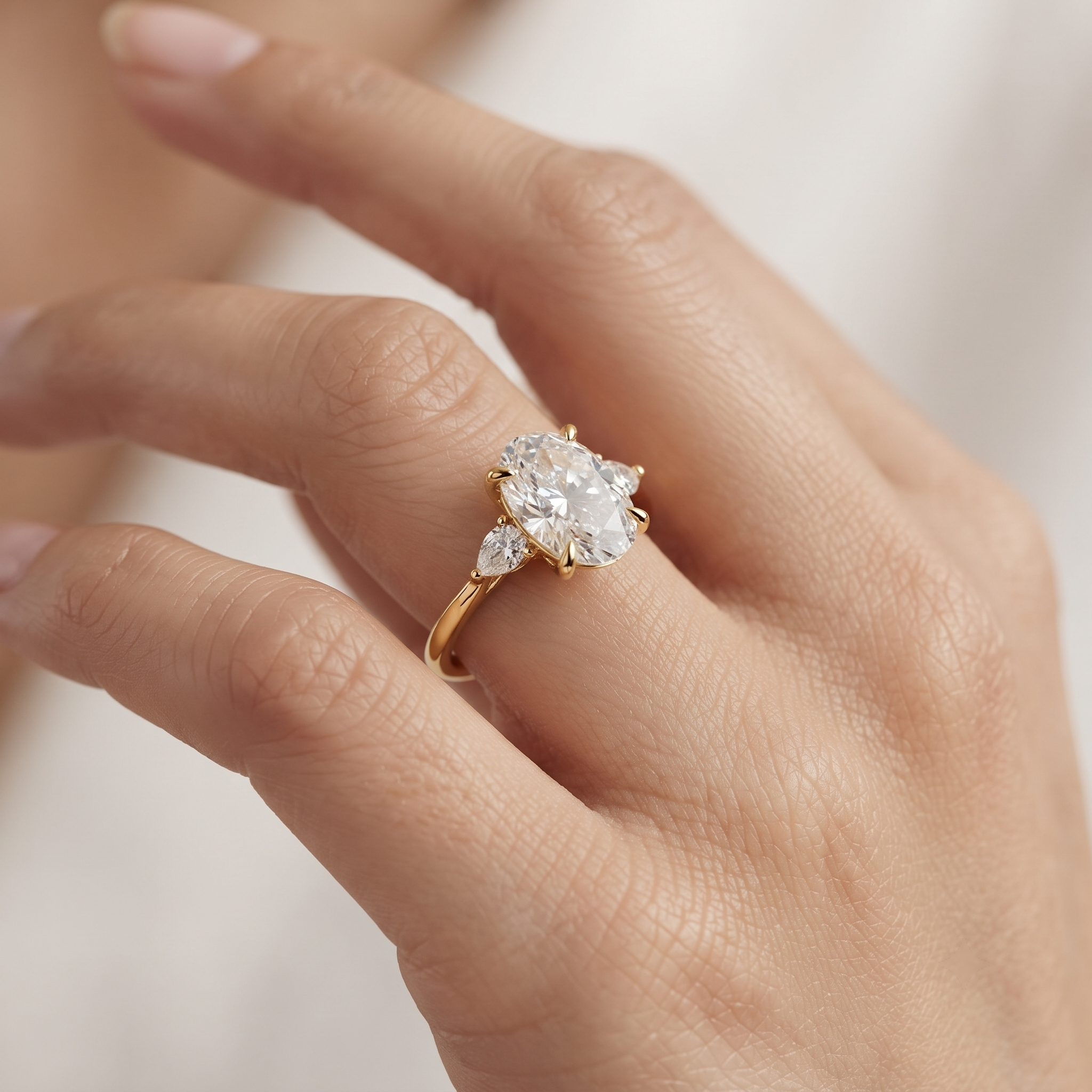 Oval Lab Grown Diamond Ring, 3-Stone Pear Side Stones, Minimalist Gold Engagement Ring