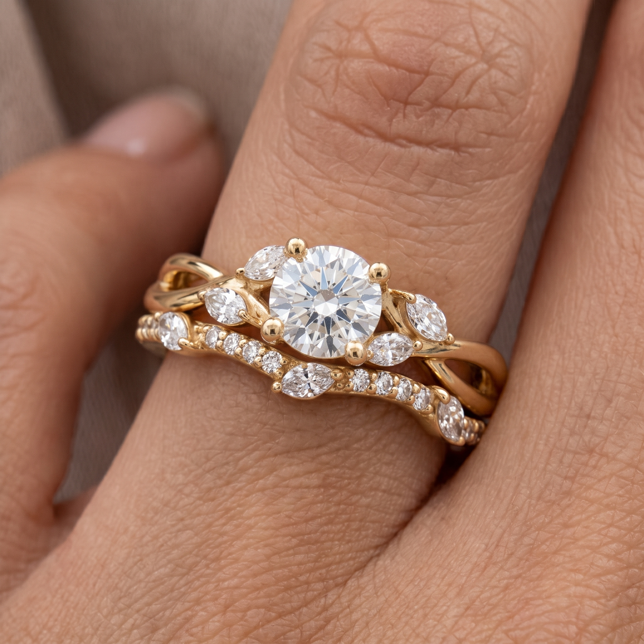 Lab Grown Diamond Engagement Ring Set, Nature Inspired Leaf Vine Design, Curved Wedding Band