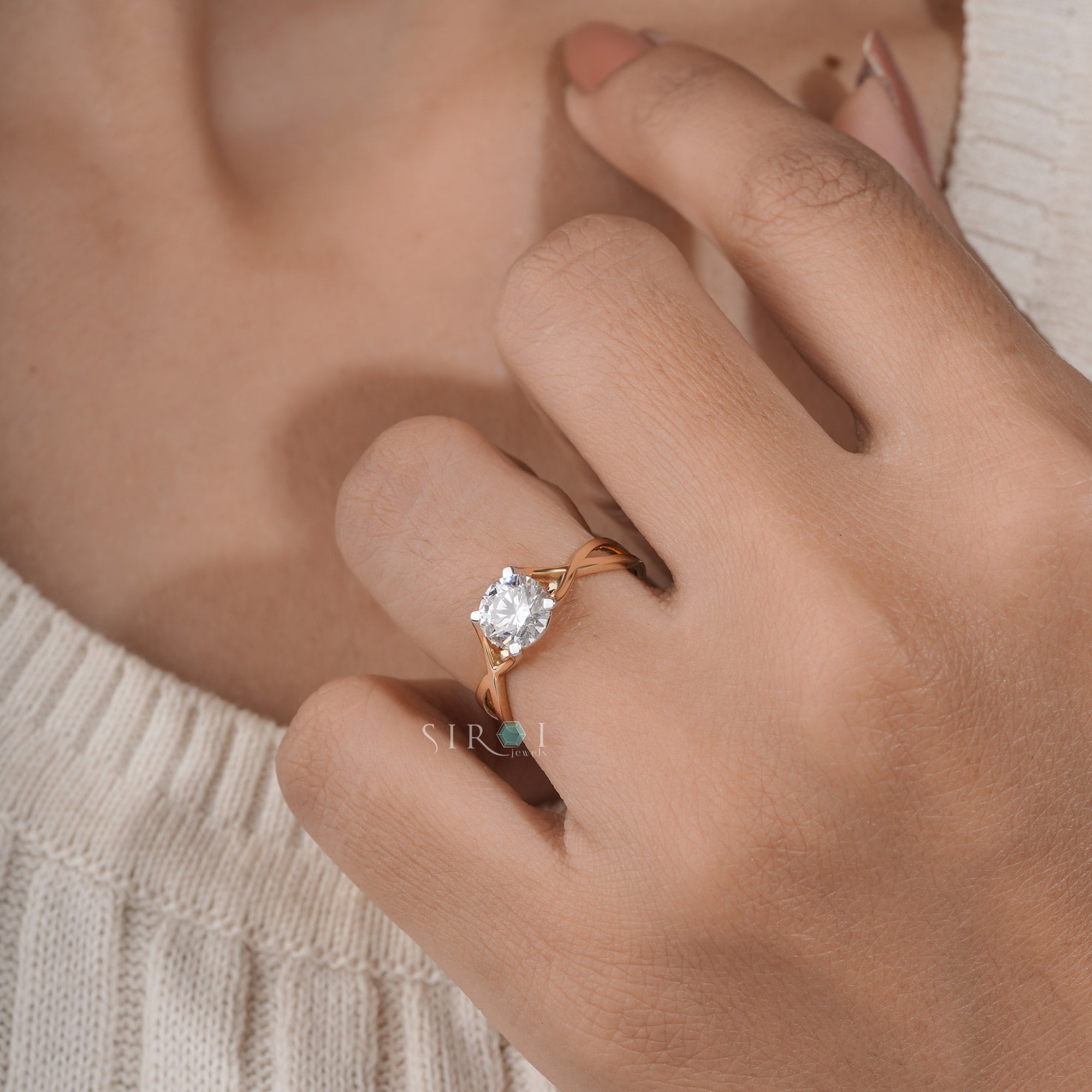 Solitaire Diamond Ring with Criss-Cross Shank, Yellow Gold Infinity Promise Ring