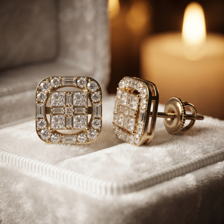 Geometric Diamond Stud Earrings – Princess, Baguette Cut, Gold, Silver