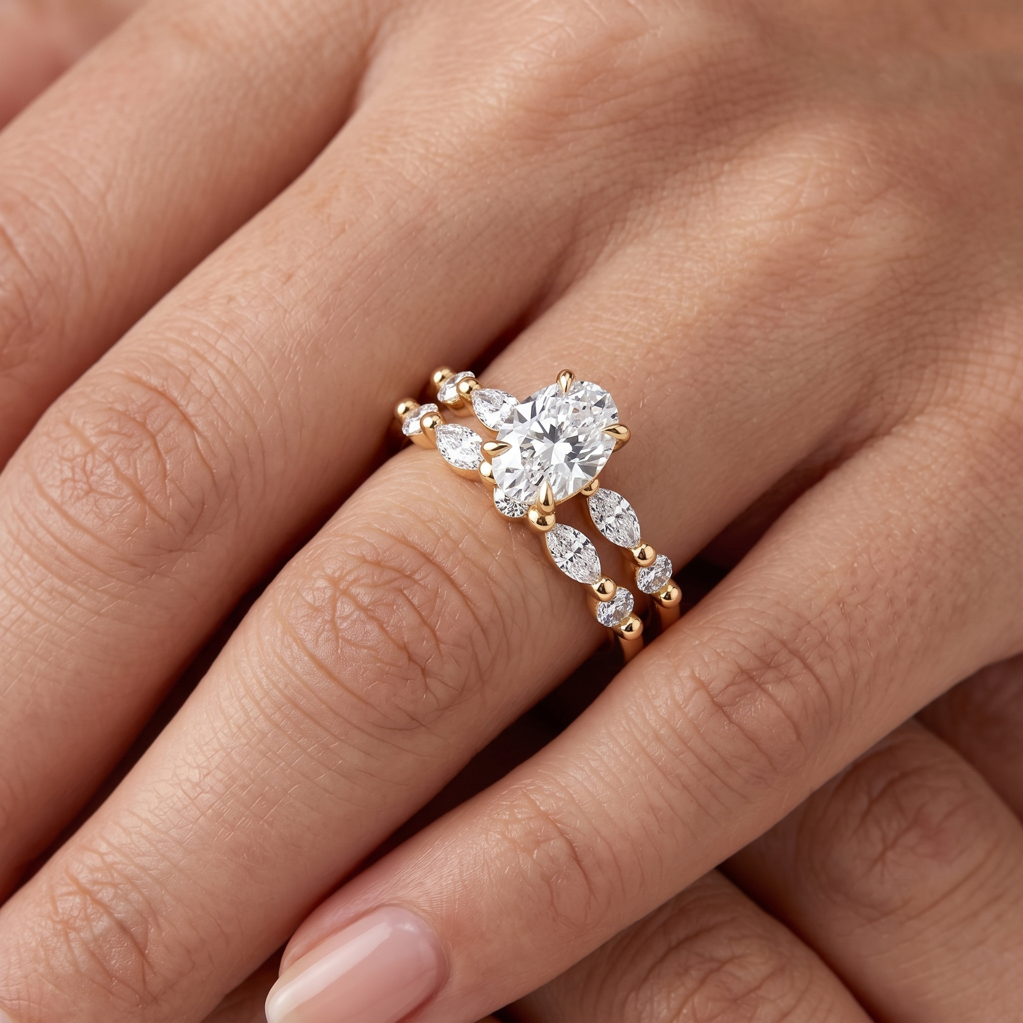 Oval Cut Solitaire Engagement Ring Set | Marquise Beaded Wedding Band (Yellow Gold)