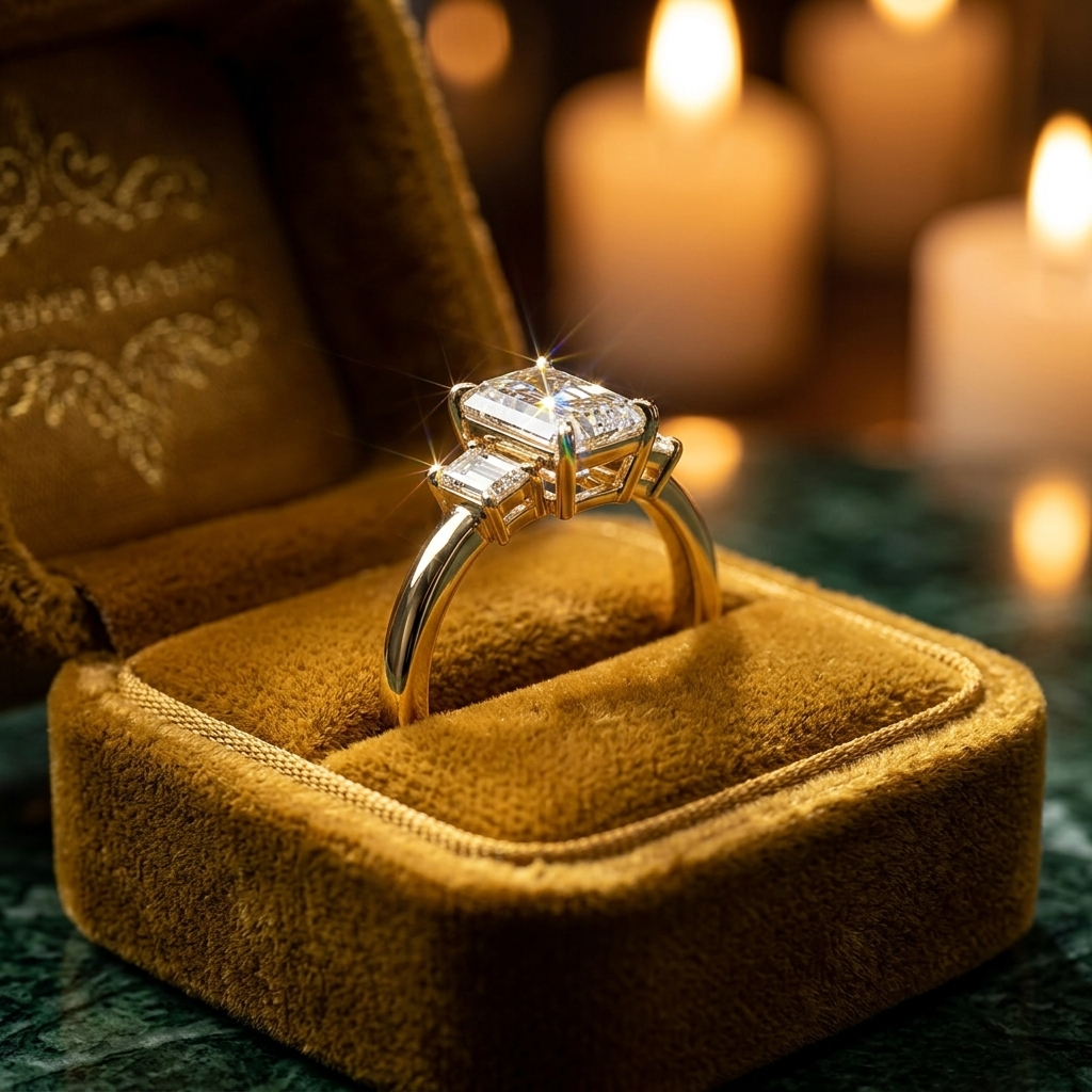 Emerald Cut Three Stone Engagement Ring, Lab Grown Diamond, Solid Gold (9K-18K)