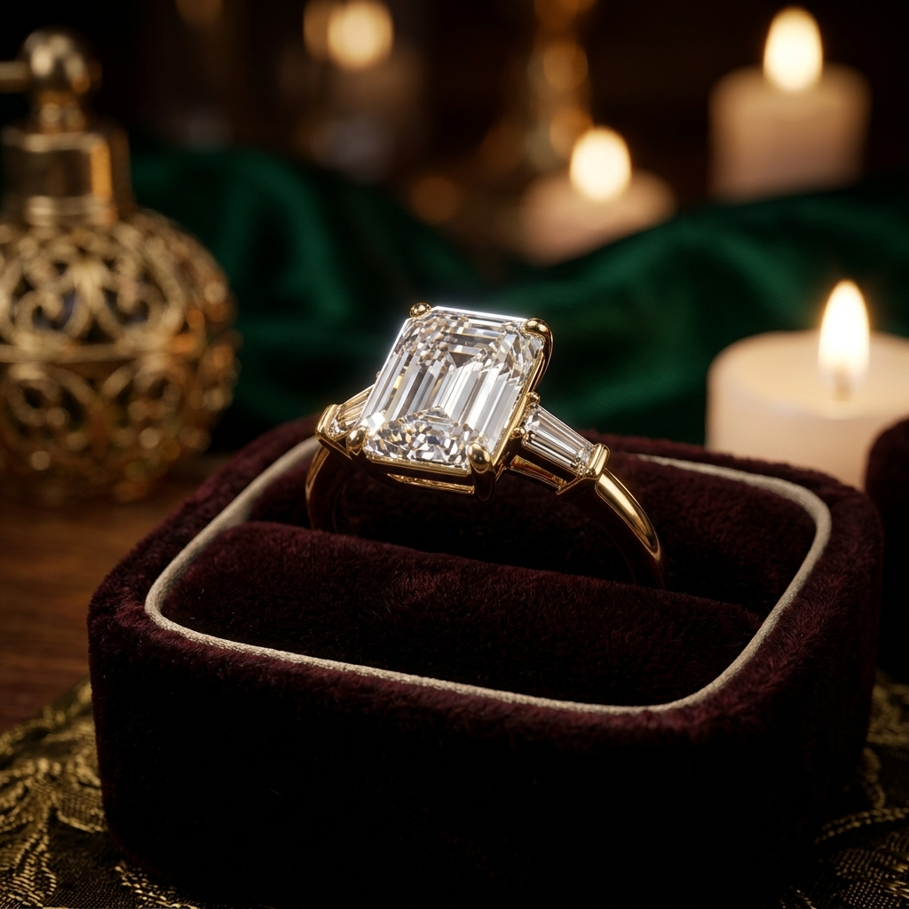 Emerald Cut Three Stone Engagement Ring, Tapered Baguette Lab Grown Diamond, Solid Gold Band