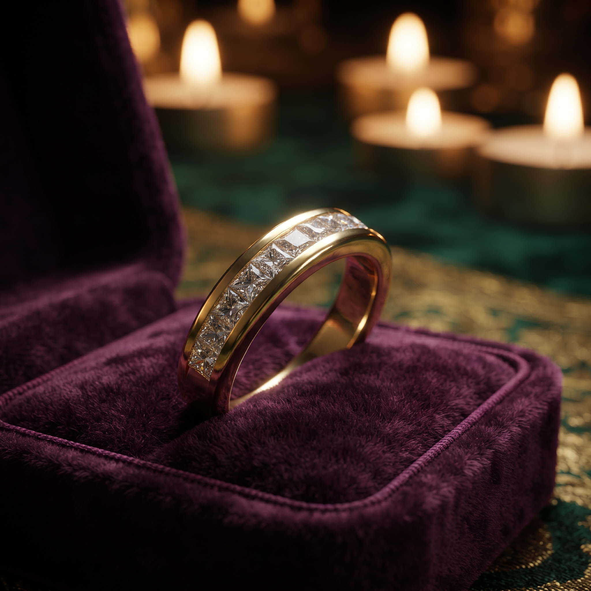 Princess Cut Diamond Channel Set Wedding Band, 9K To 18K Solid Gold Stacker Ring