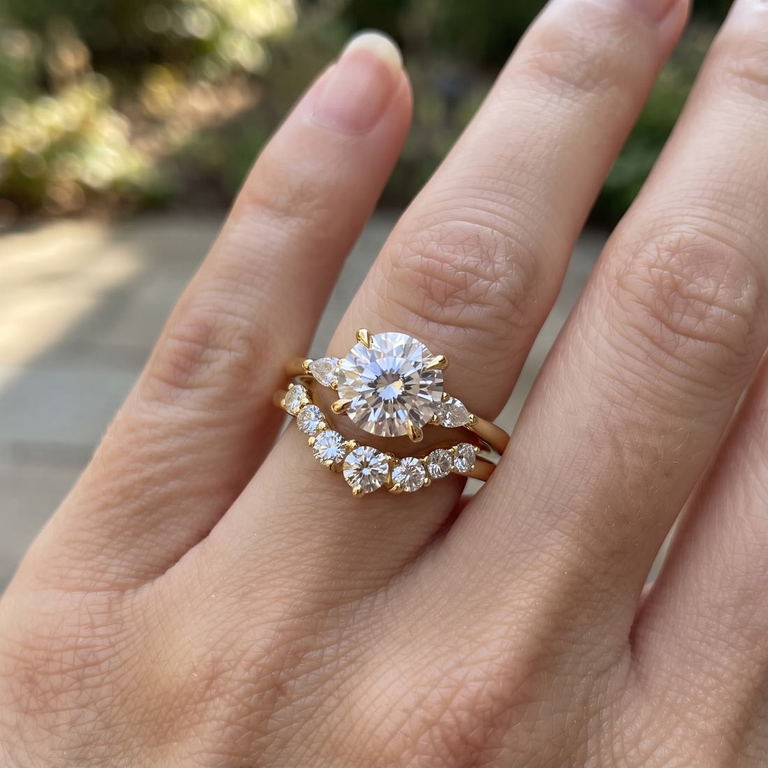 Round Engagement Ring Set, Pear Side Stones, Yellow Gold Curved Wedding Band