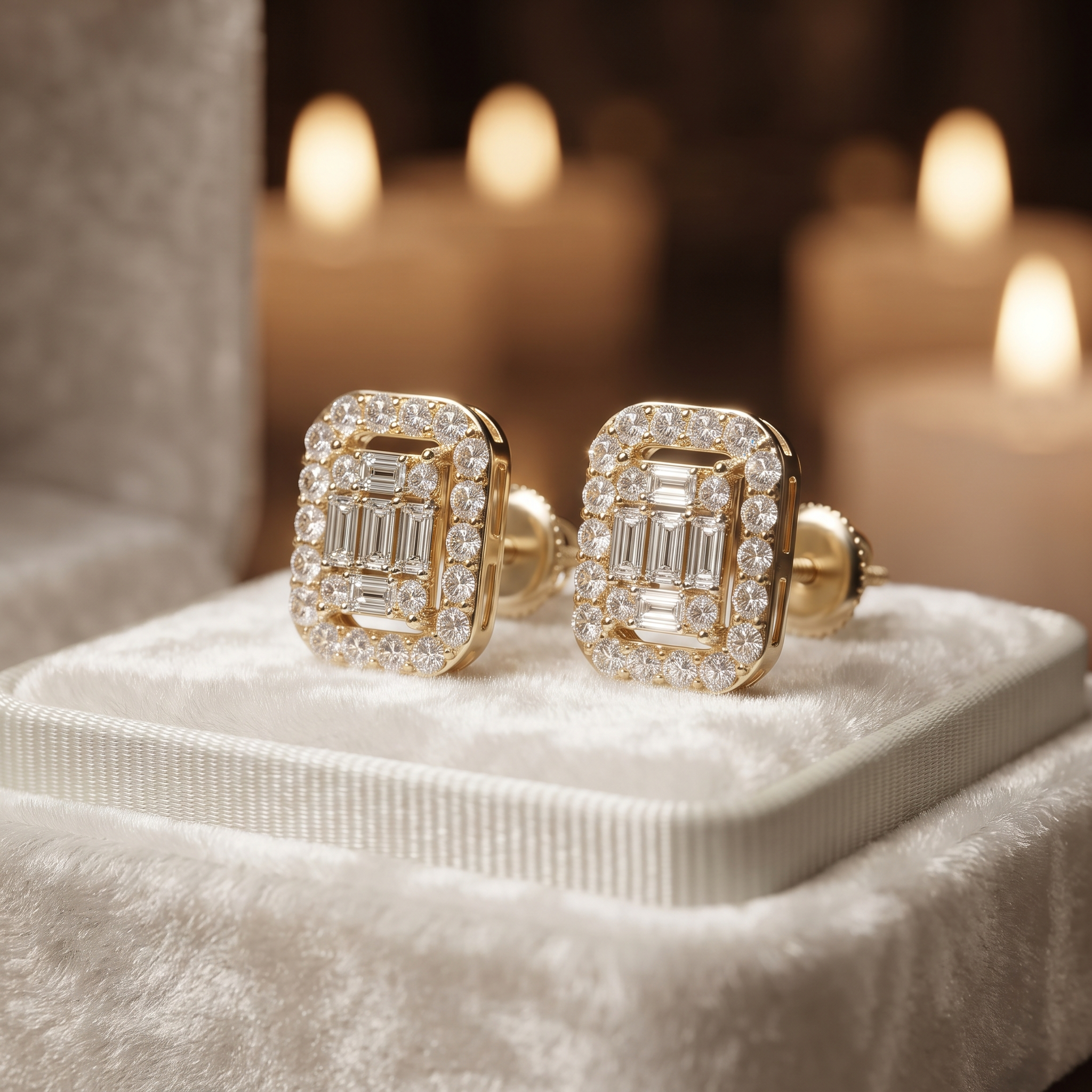 Baguette and Round Diamond Halo Stud Earrings
