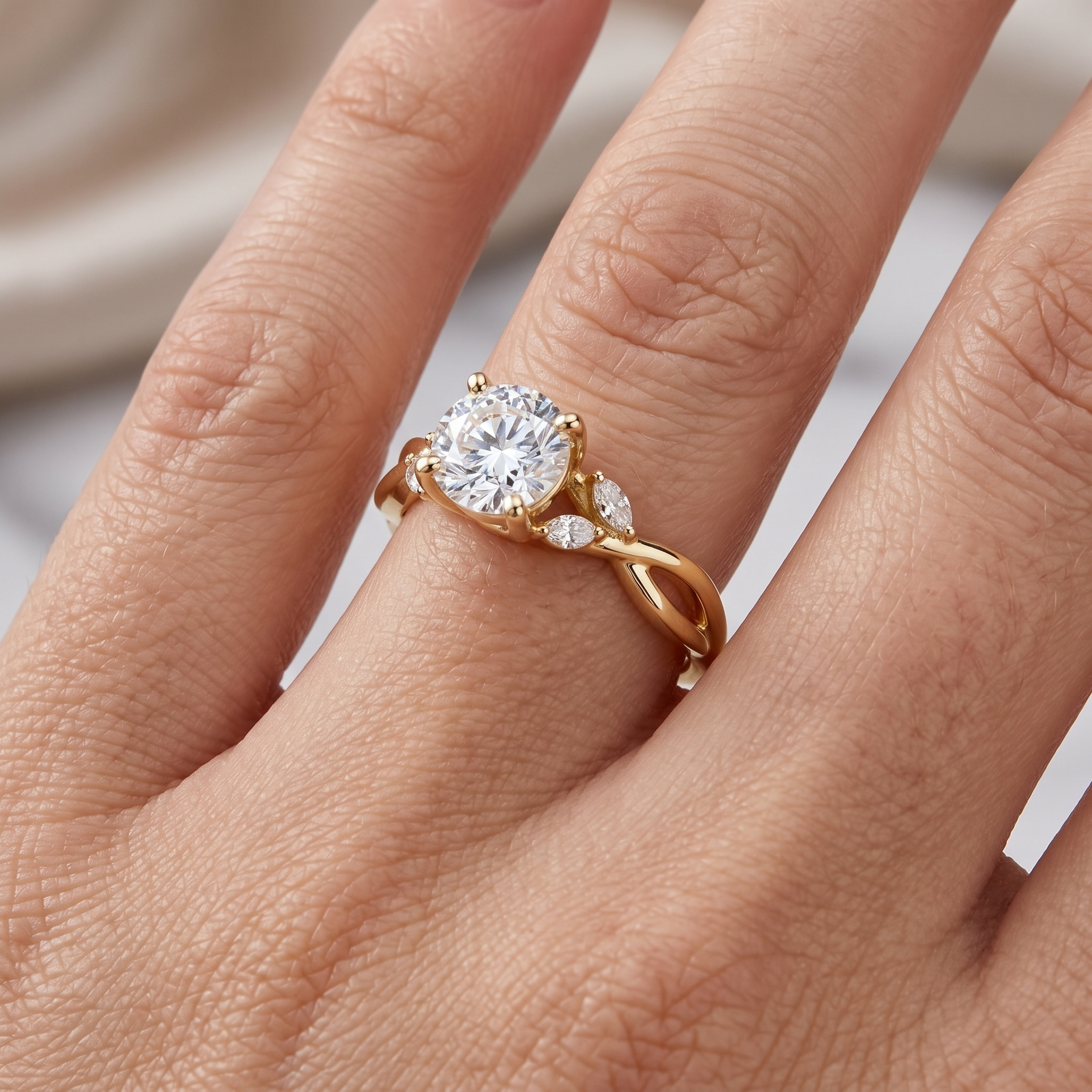Lab Grown Diamond Engagement Ring Set, Nature Inspired Leaf Vine Design, Curved Wedding Band