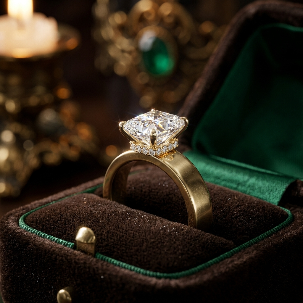Wide Band Princess Cut Engagement Ring | Hidden Halo, Solid Gold Statement Piece