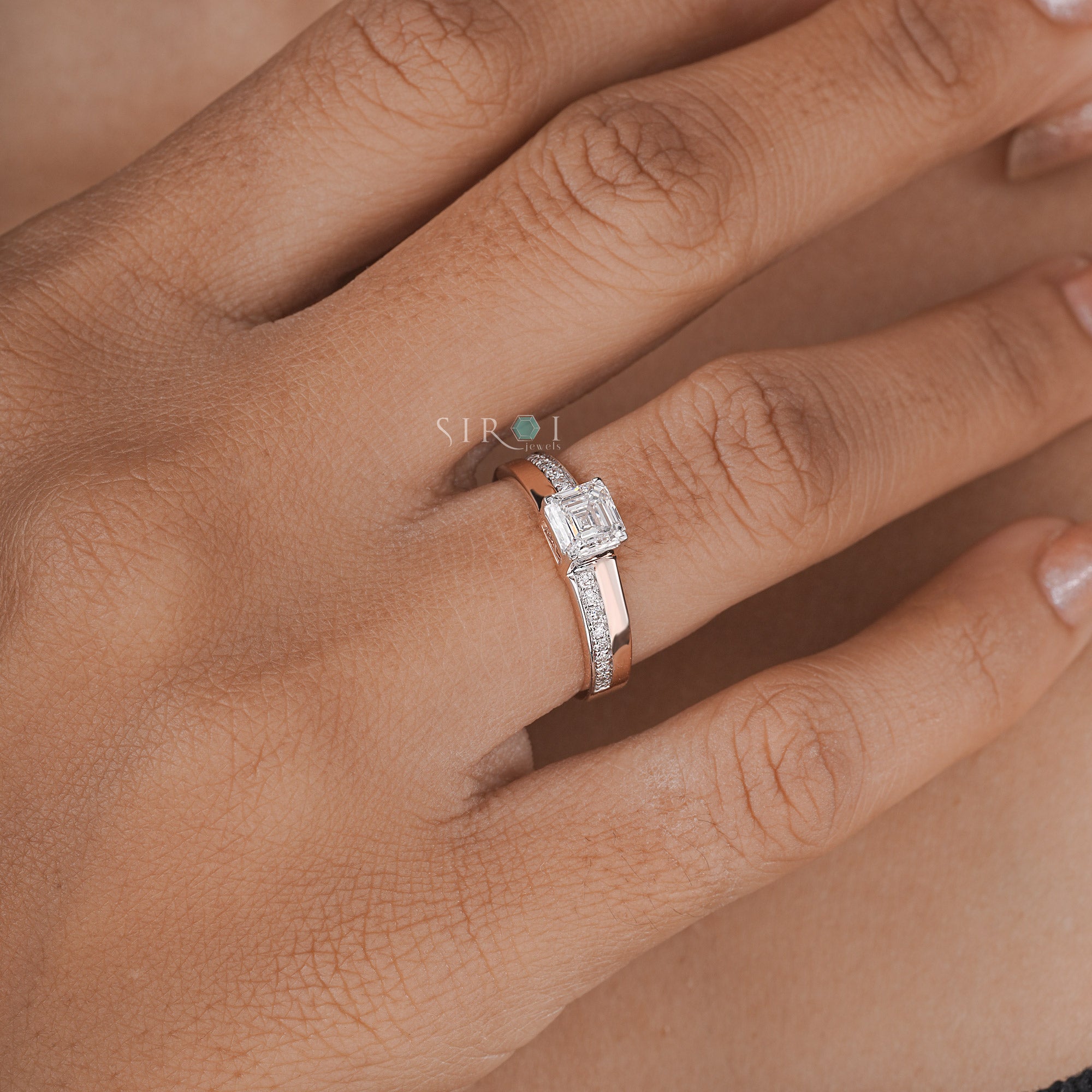 Rose Gold emerald Diamond Ring with Shoulder Pave