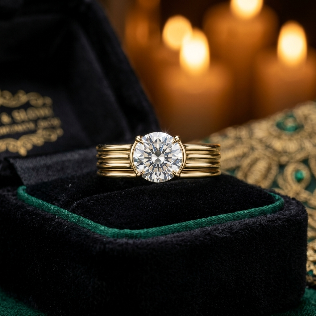 Gold Multi-Band Solitaire Ring Set | Round Cut Diamond, Minimalist Bridal Jewelry