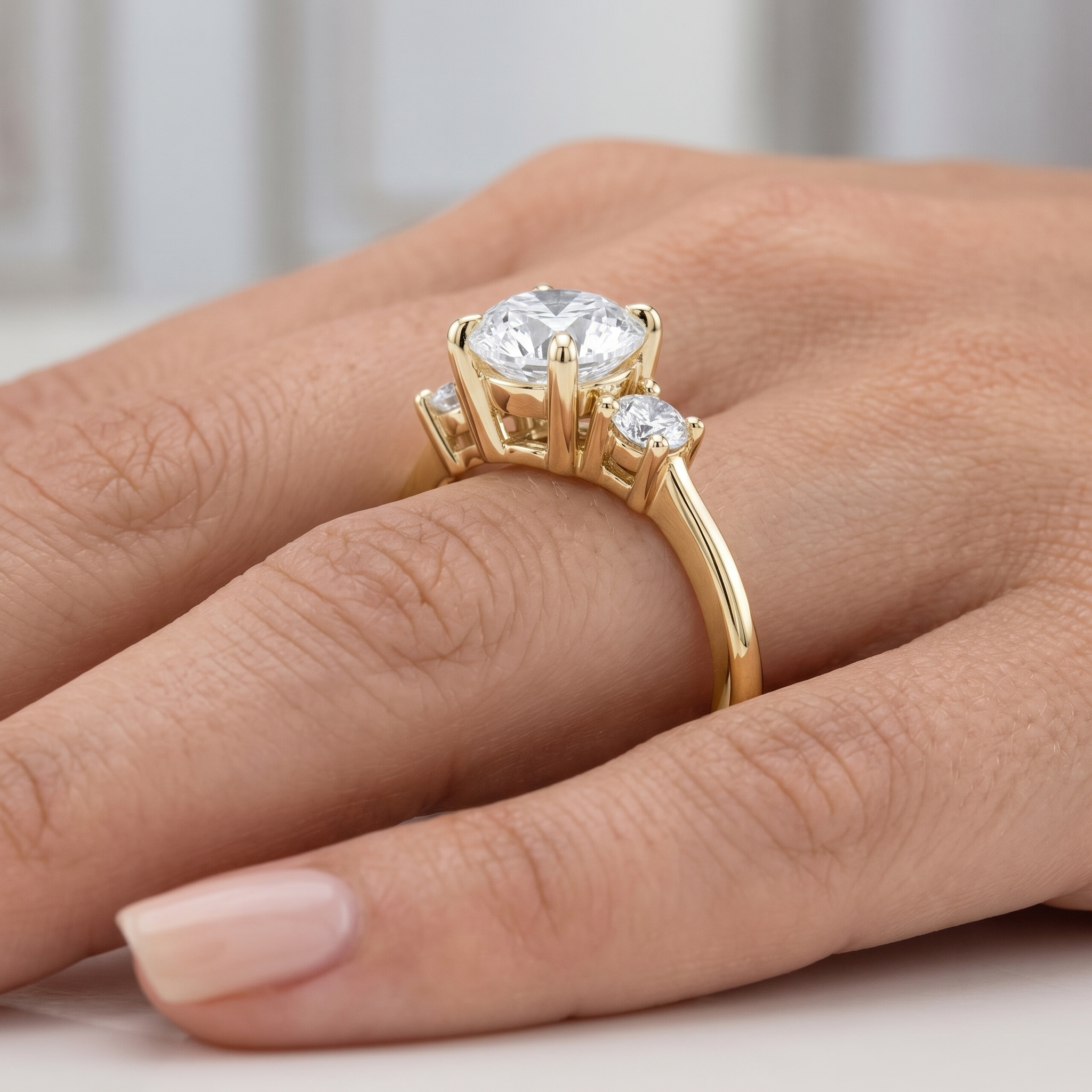 3 Stone Round Diamond Engagement Ring, Curved Matching Band, Minimalist Yellow Gold Bridal Set