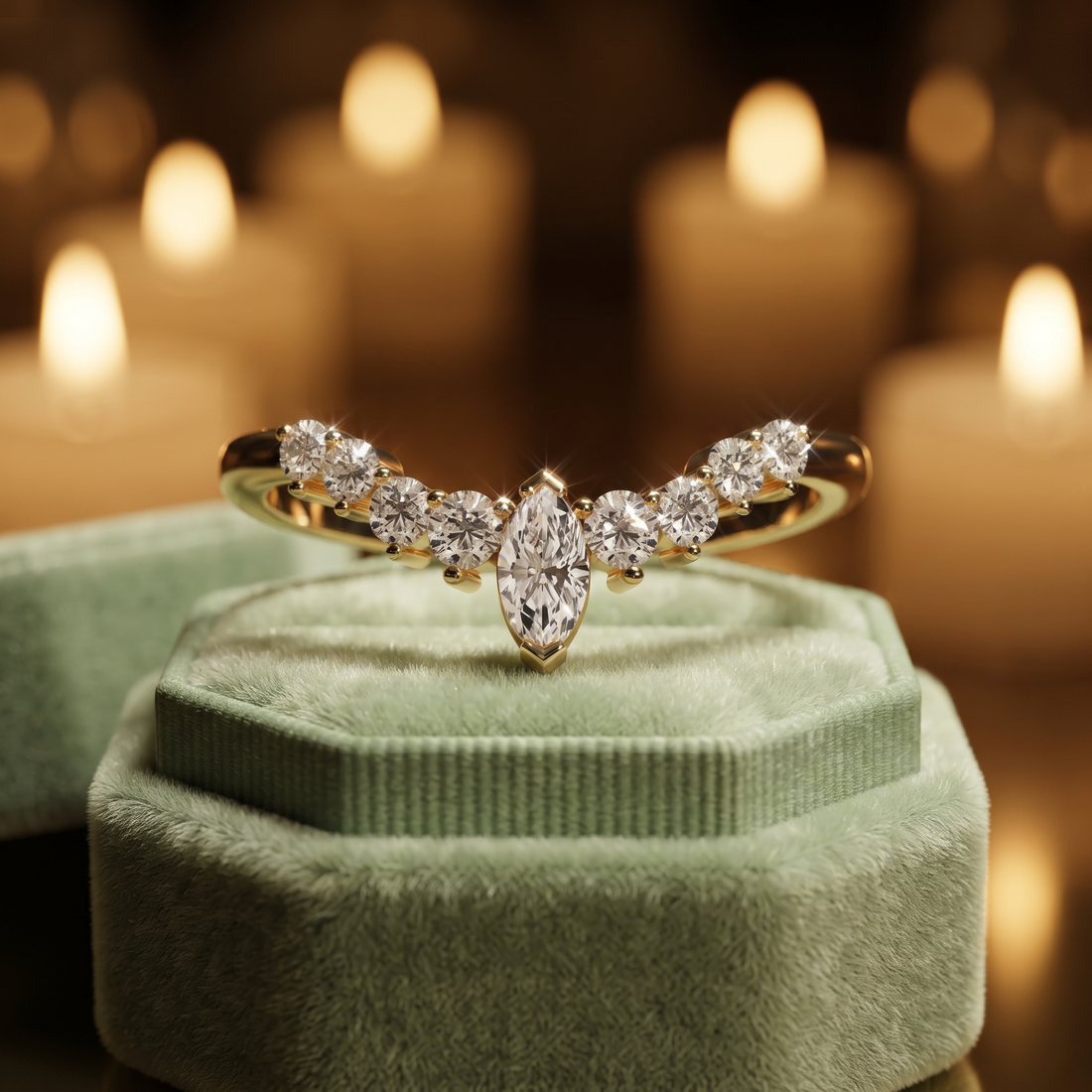 Elegant Marquise & Round Cut Curved Chevron Band In 10K/14K Gold And Sterling Silver