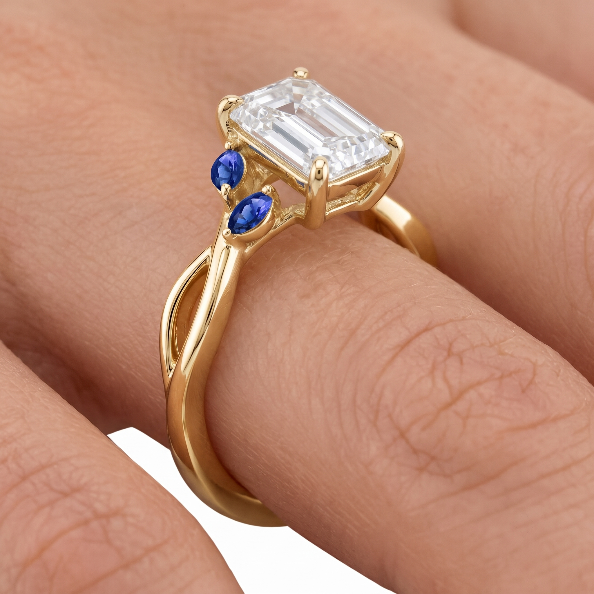 Emerald Cut Diamond Engagement Ring Set, Blue Sapphire Branch Design, Solid Gold Wedding Band