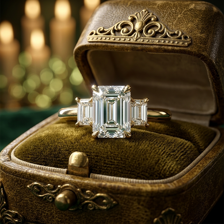 Emerald Cut Three Stone Engagement Ring, Lab Grown Diamond, Solid Gold (9K-18K)
