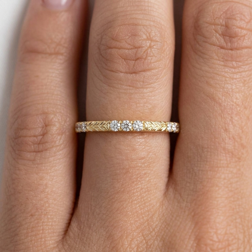 Hand Engraved Wheat Solitaire Engagement Ring, Round Cut Diamond, Nature Inspired Band