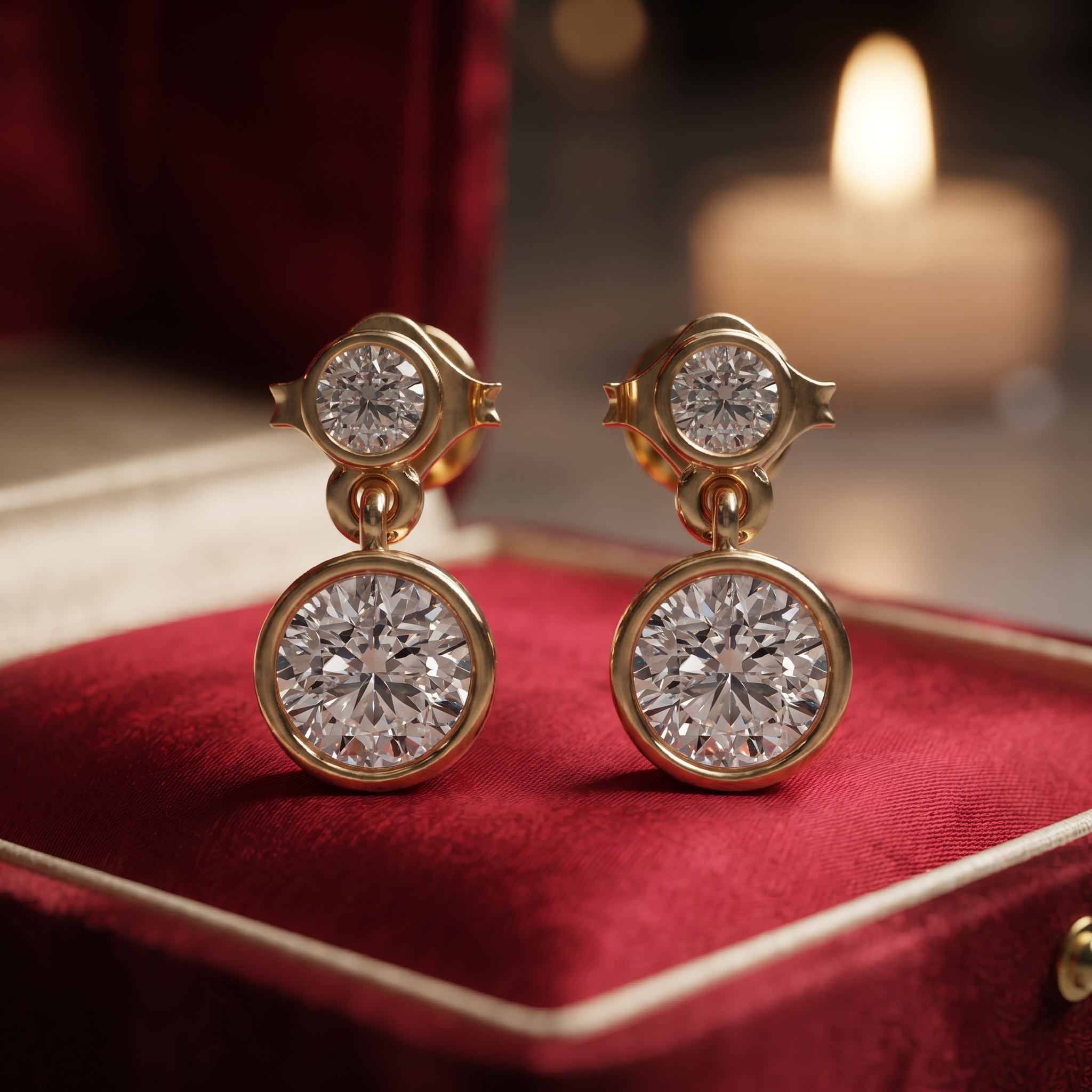 Two-Stone Drop Earrings – Round Cut Diamond Simulant Earrings in Gold and Sterling silver