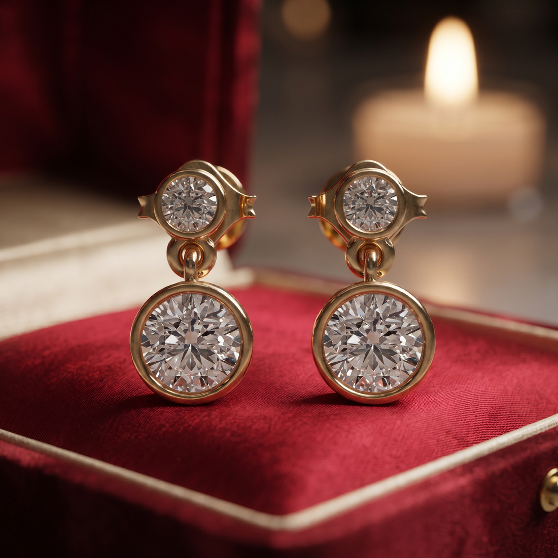 Two-Stone Drop Earrings – Round Cut Diamond Simulant Earrings in Gold and Sterling silver