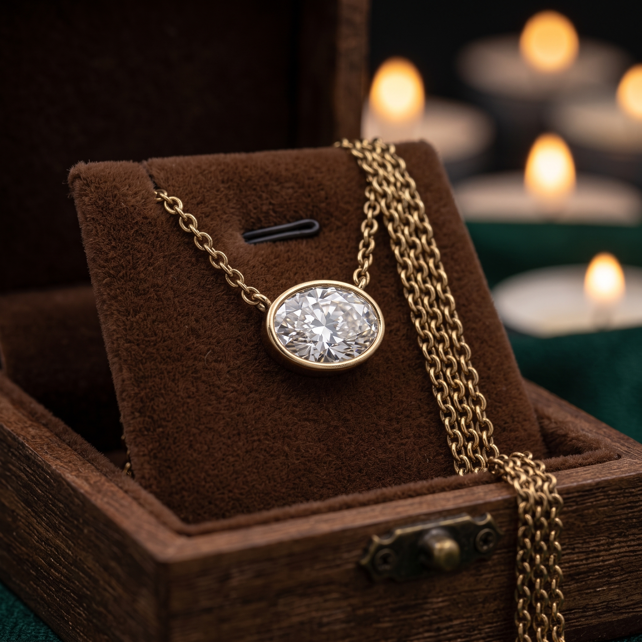 Oval Bezel Diamond Pendant Necklace, 14K Gold Chain, Minimalist Bridal Jewelry