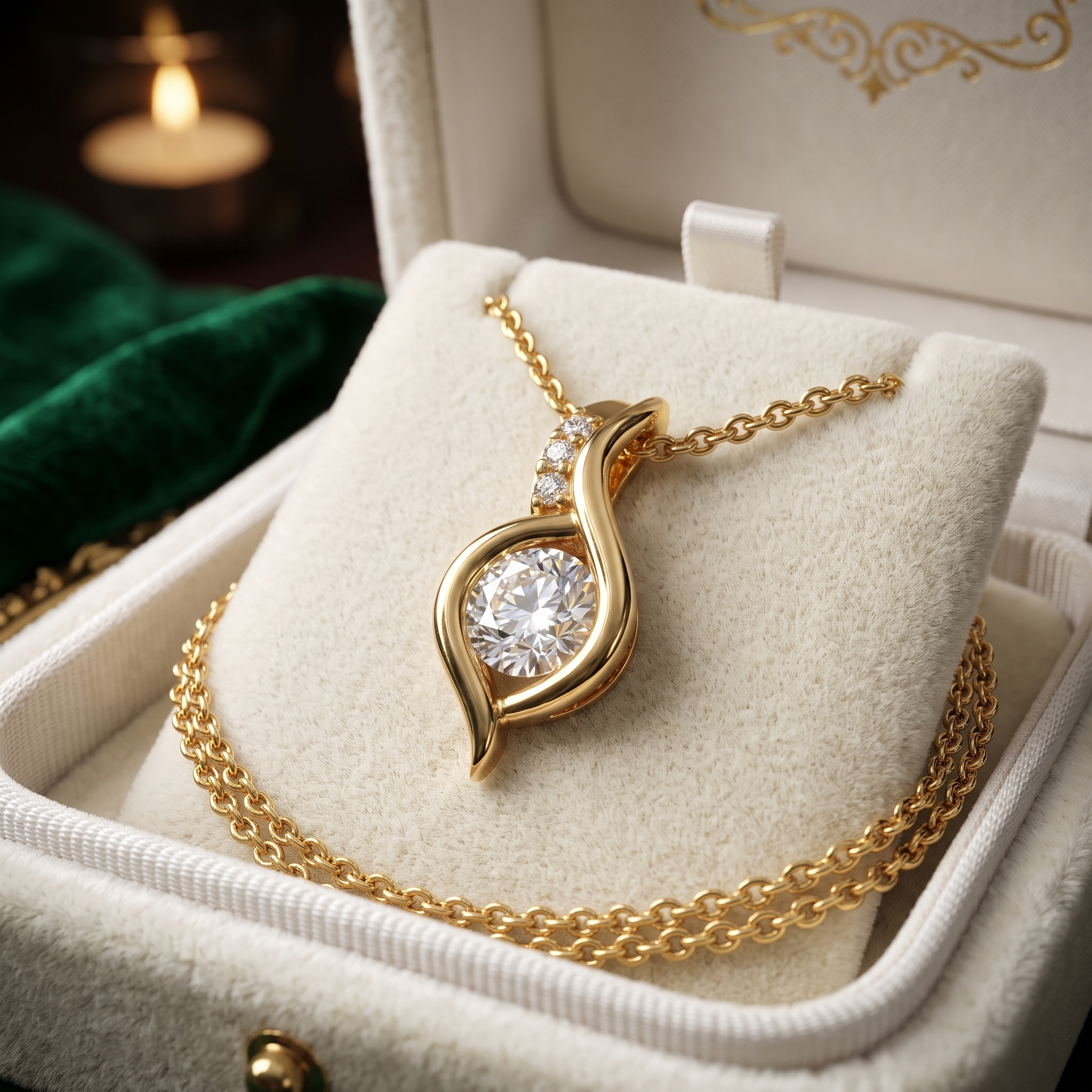 14K Gold Swirl Diamond Pendant Necklace, Teardrop Solitaire, Modern Twist Design