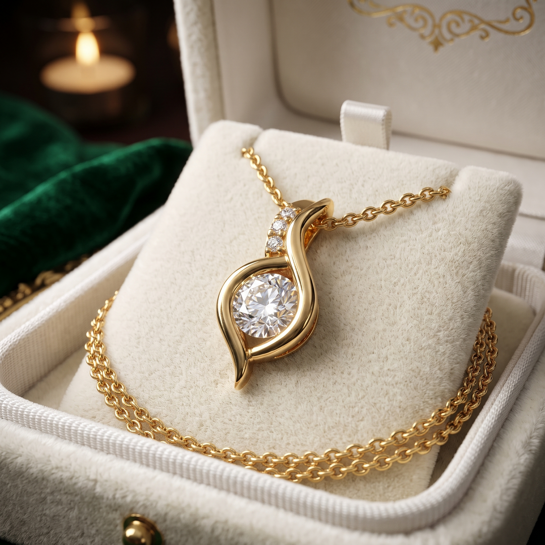 14K Gold Swirl Diamond Pendant Necklace, Teardrop Solitaire, Modern Twist Design