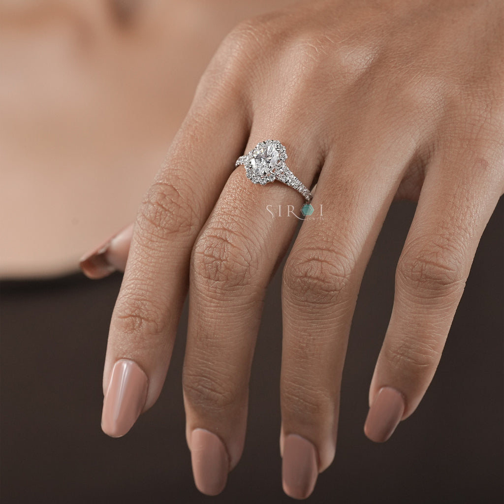 Oval Diamond Halo and Two-Stone Engagement Ring in Rose Gold