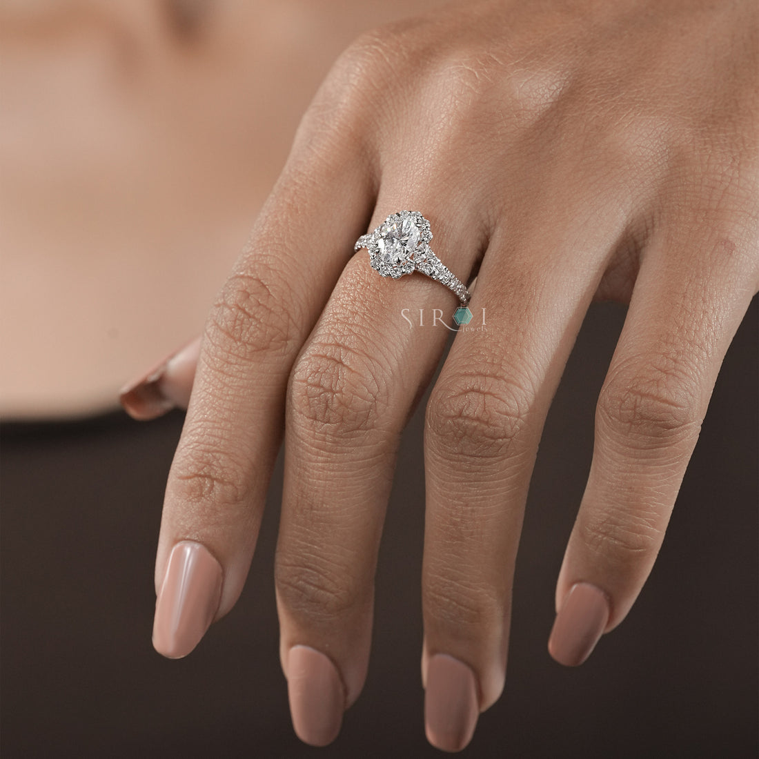 Oval Diamond Halo and Two-Stone Engagement Ring in Rose Gold
