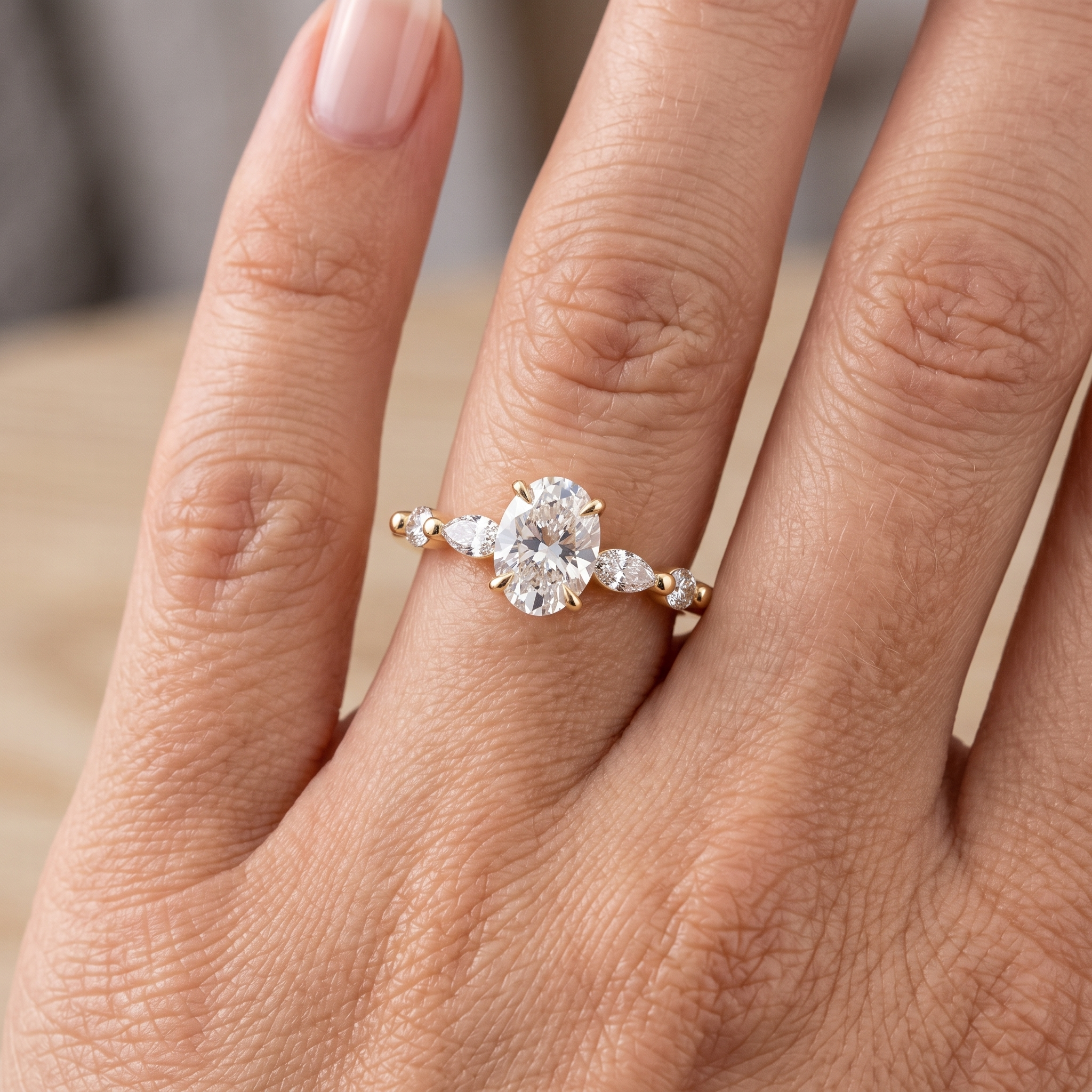 Oval Cut Solitaire Engagement Ring Set | Marquise Beaded Wedding Band (Yellow Gold)