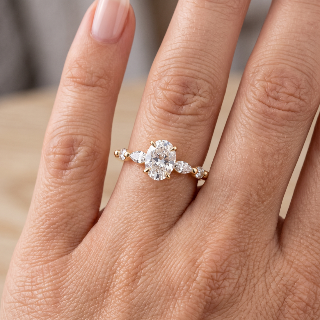 Oval Cut Solitaire Engagement Ring Set | Marquise Beaded Wedding Band (Yellow Gold)