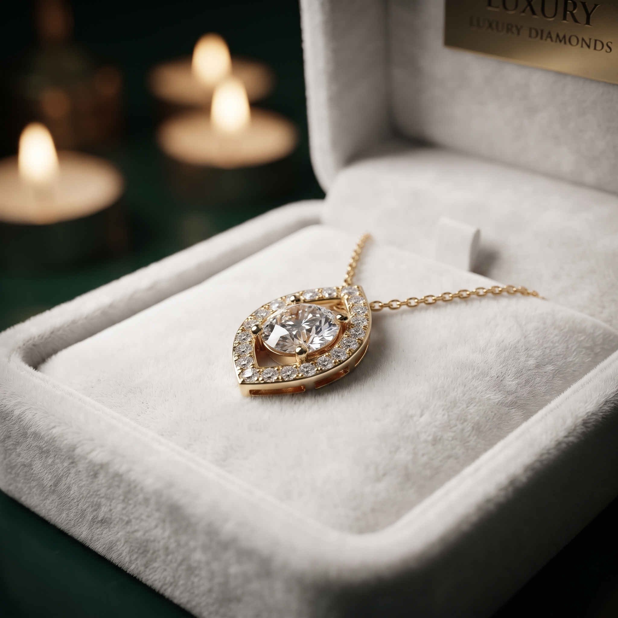 Marquise Halo Diamond Pendant Necklace, Evil Eye Protection, Dainty Gold Solitaire Jewelry
