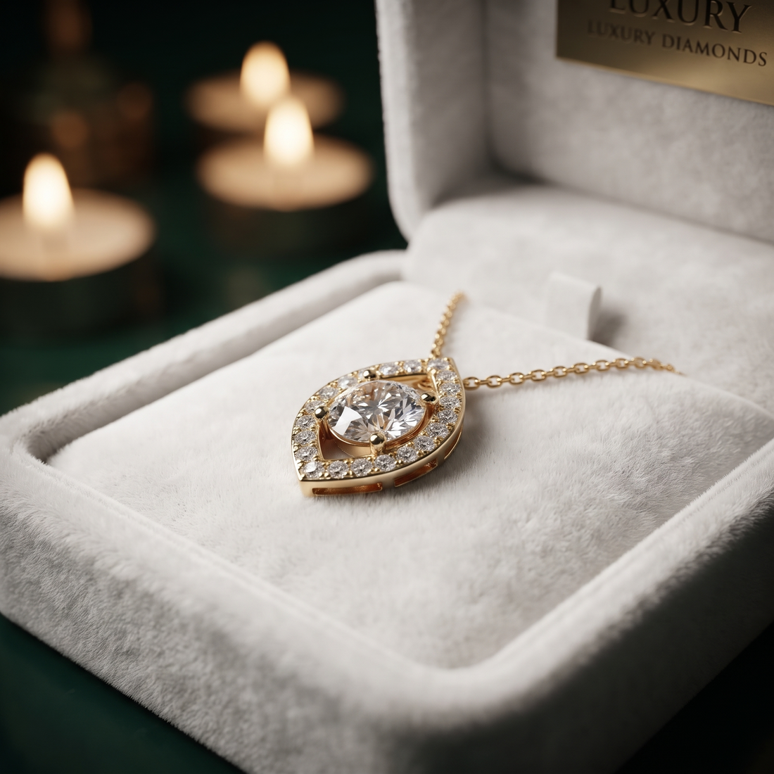 Marquise Halo Diamond Pendant Necklace, Evil Eye Protection, Dainty Gold Solitaire Jewelry