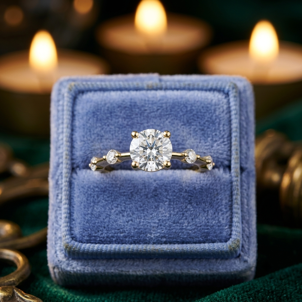 Round Engagement Ring, Solid Gold Cluster Branch Bridal Jewelry