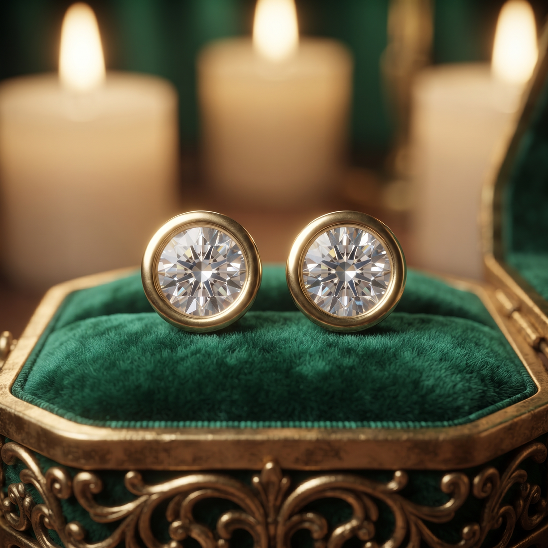 Bezel Set Solitaire Diamond Stud Earrings in 9K To 18K Gold, Or Silver